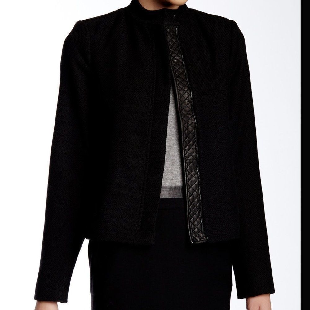 Vince Leather Jacket Womens Large Black Genuine‎ Quilted Trim Contrast